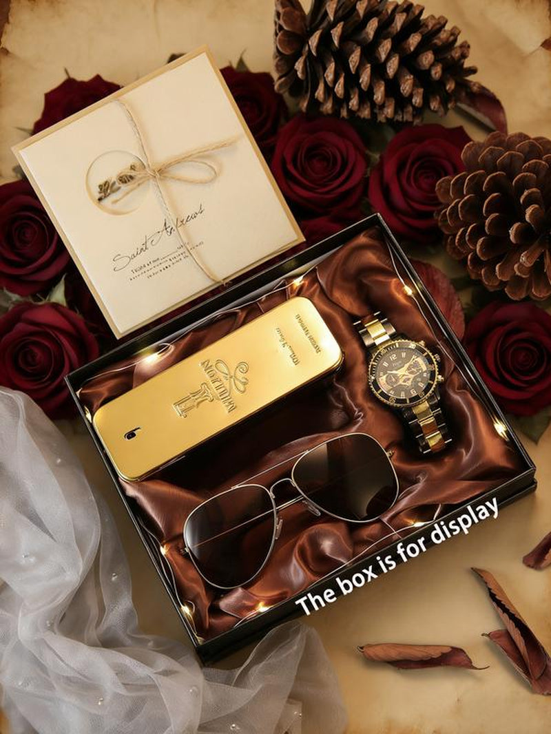 5Pcs Watch Set, Cool Stainless Steel Quartz Watch + Perfume + Decorative Glasses, Multiple Colors Available, Perfect Birthday Gift