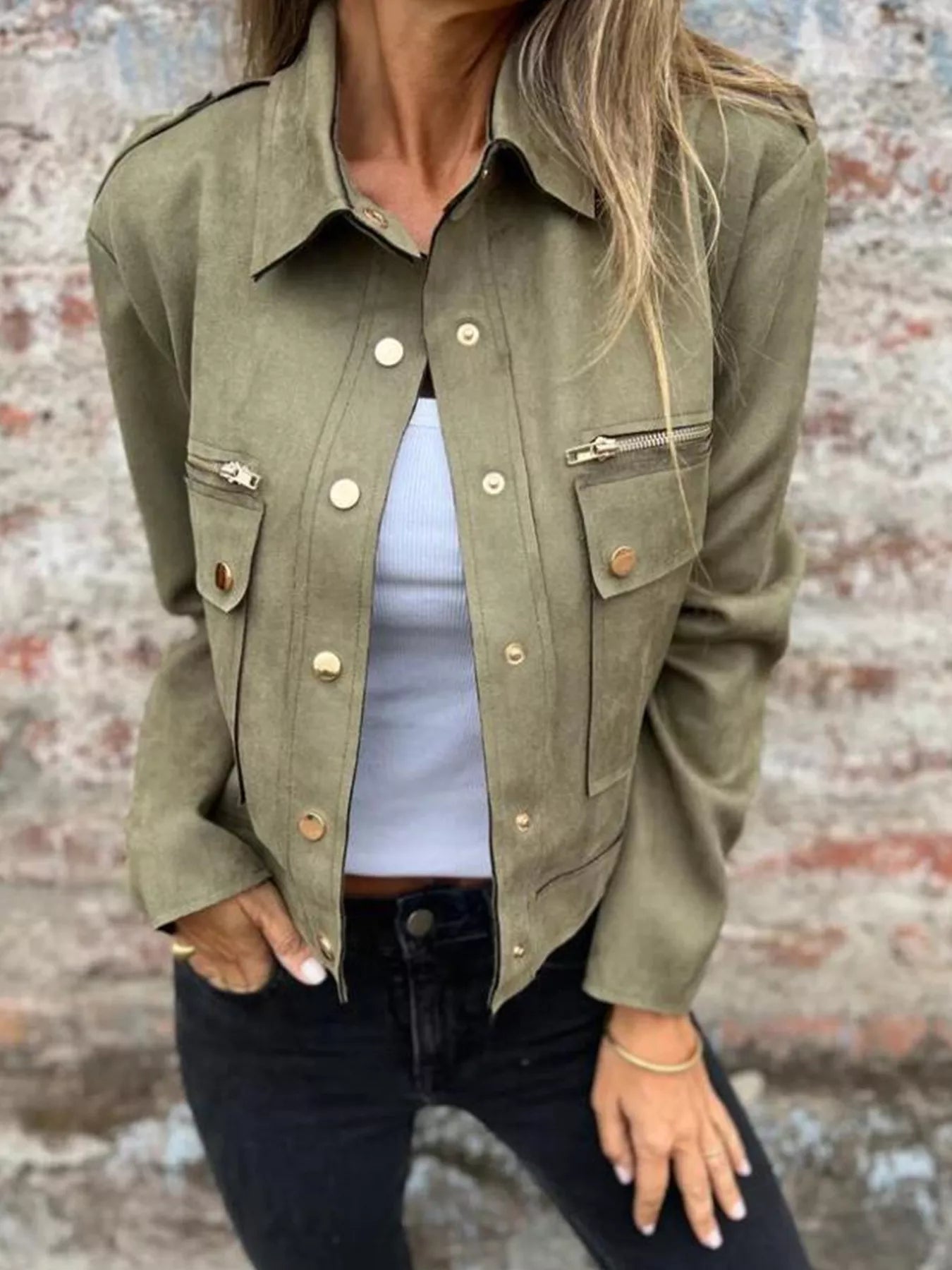 Full Size Snap Down Long Sleeve Jacket Plus Size