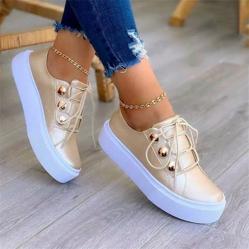 Women's Black Platform Sneakers with Gold Button Details