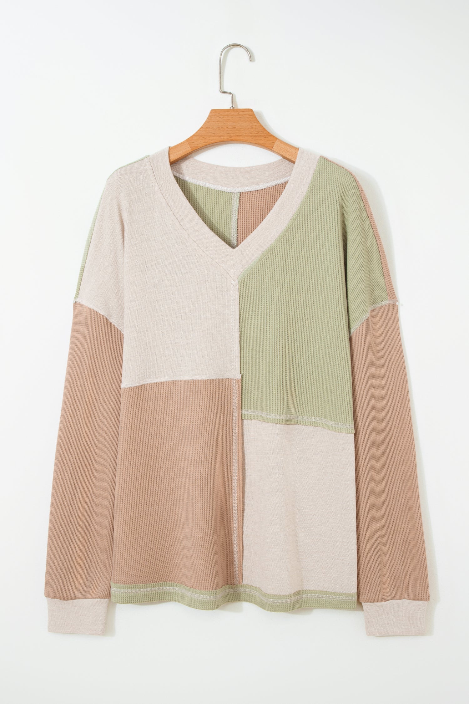 Color Block Patchwork V-Neck Top - Plus Size