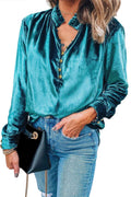 Green Frilled Neck Buttoned Front Velvet Women's Top