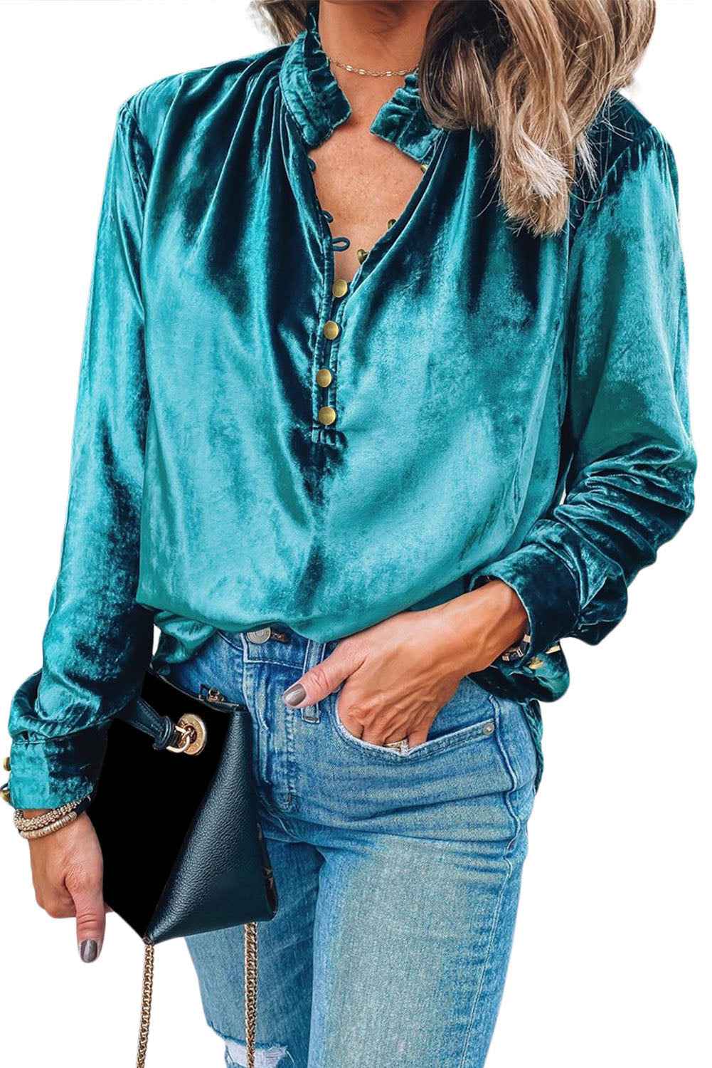Green Frilled Neck Buttoned Front Velvet Women's Top