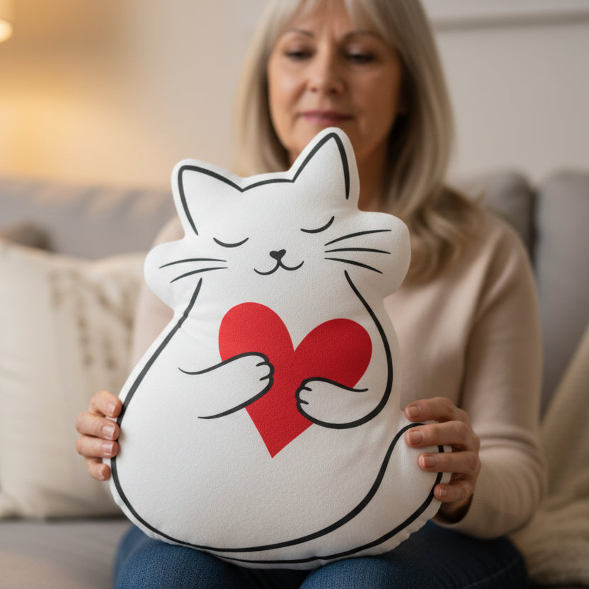 Cat Holding Heart Pillow — Soft Love, Slightly Judged