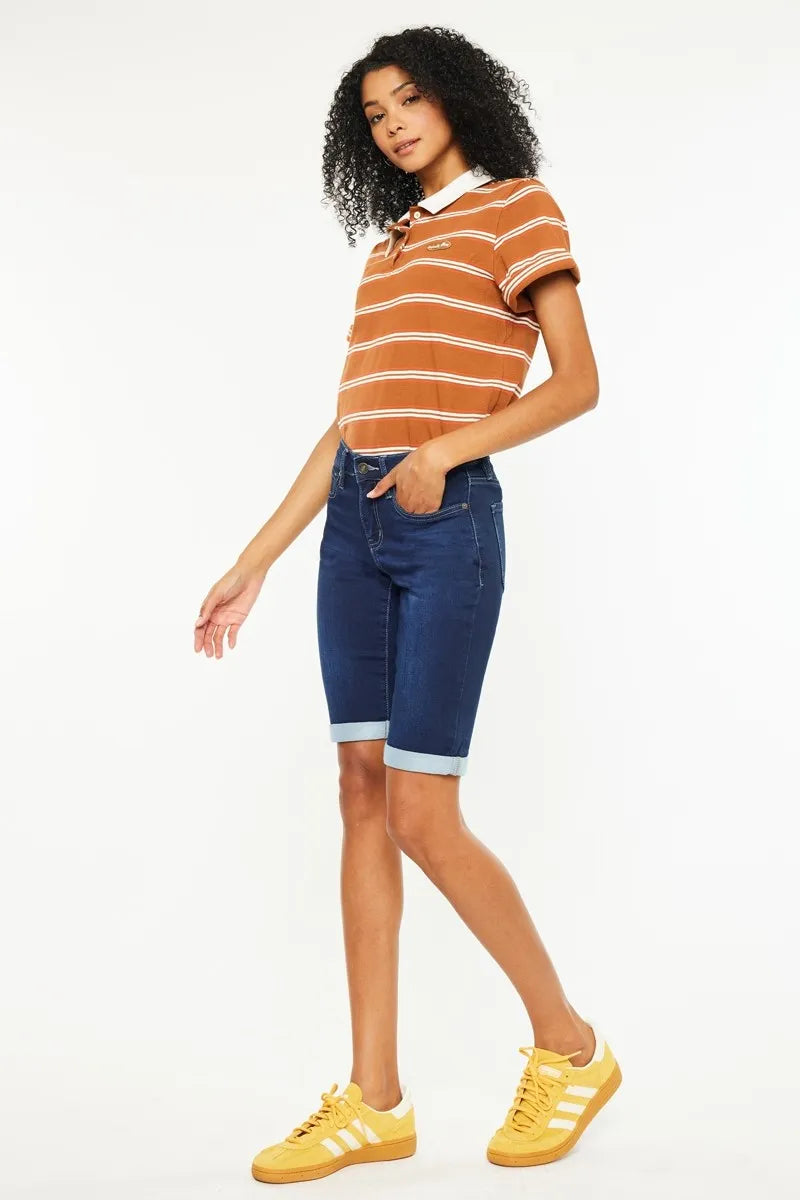 Kancan Mid Rise Bermuda Denim Shorts – Pocketed Slightly Stretchy