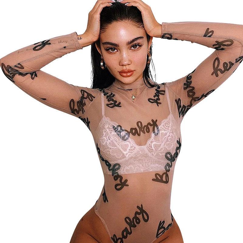 Women's Personalized Mesh Long-sleeved Bodysuit