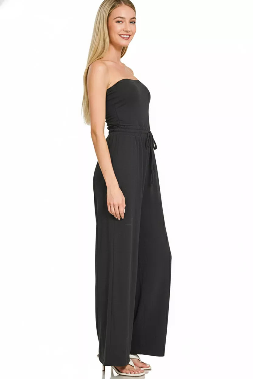 Women's Strapless Wide-Leg Tube Top Jumpsuit with Drawstring Waist