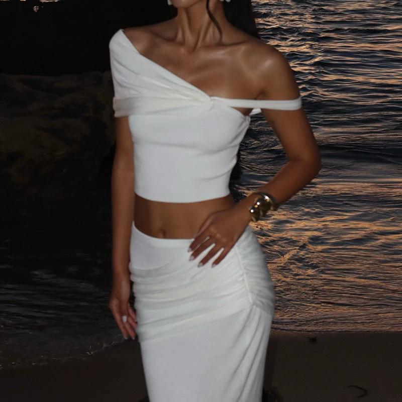 Solid Color Creative Slim-fit Oblique Shoulder Long Dress Suit Women