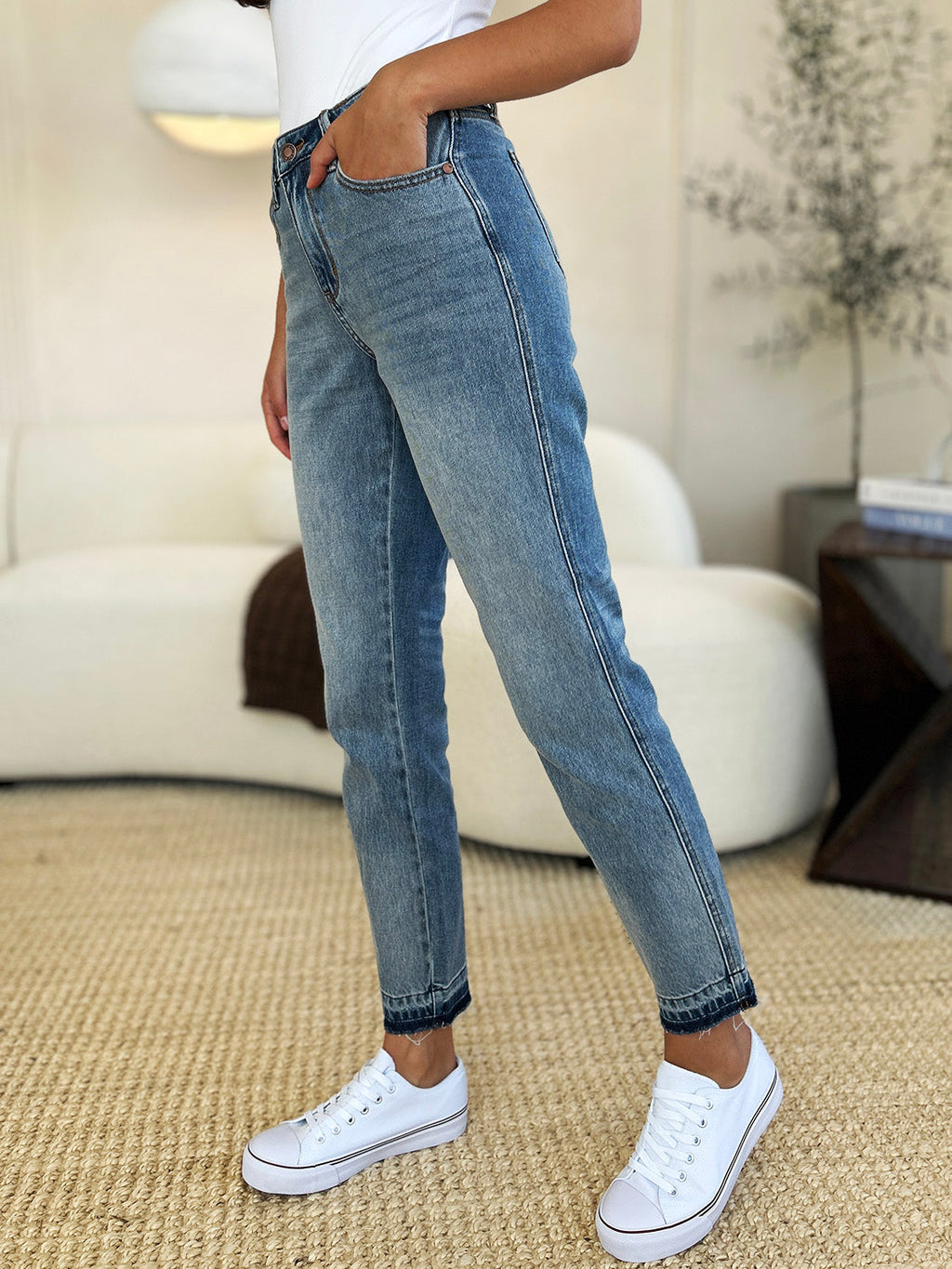 Judy Blue Full Size Mid Rise Rigid Jeans With Magic Release Hem For Women Size Down Friendly