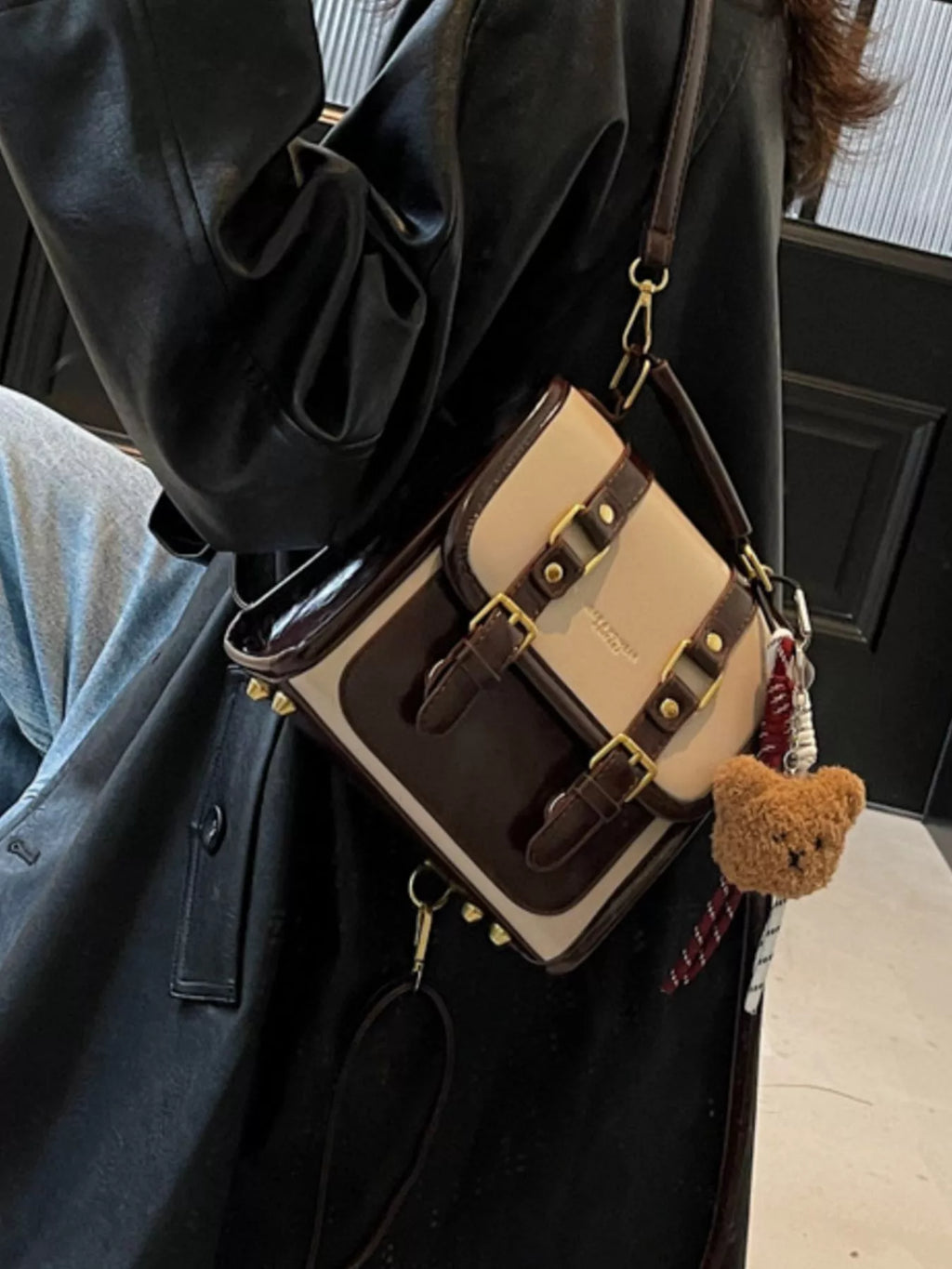 Two-Tone Brown and Beige Small Buckle Flap Backpack