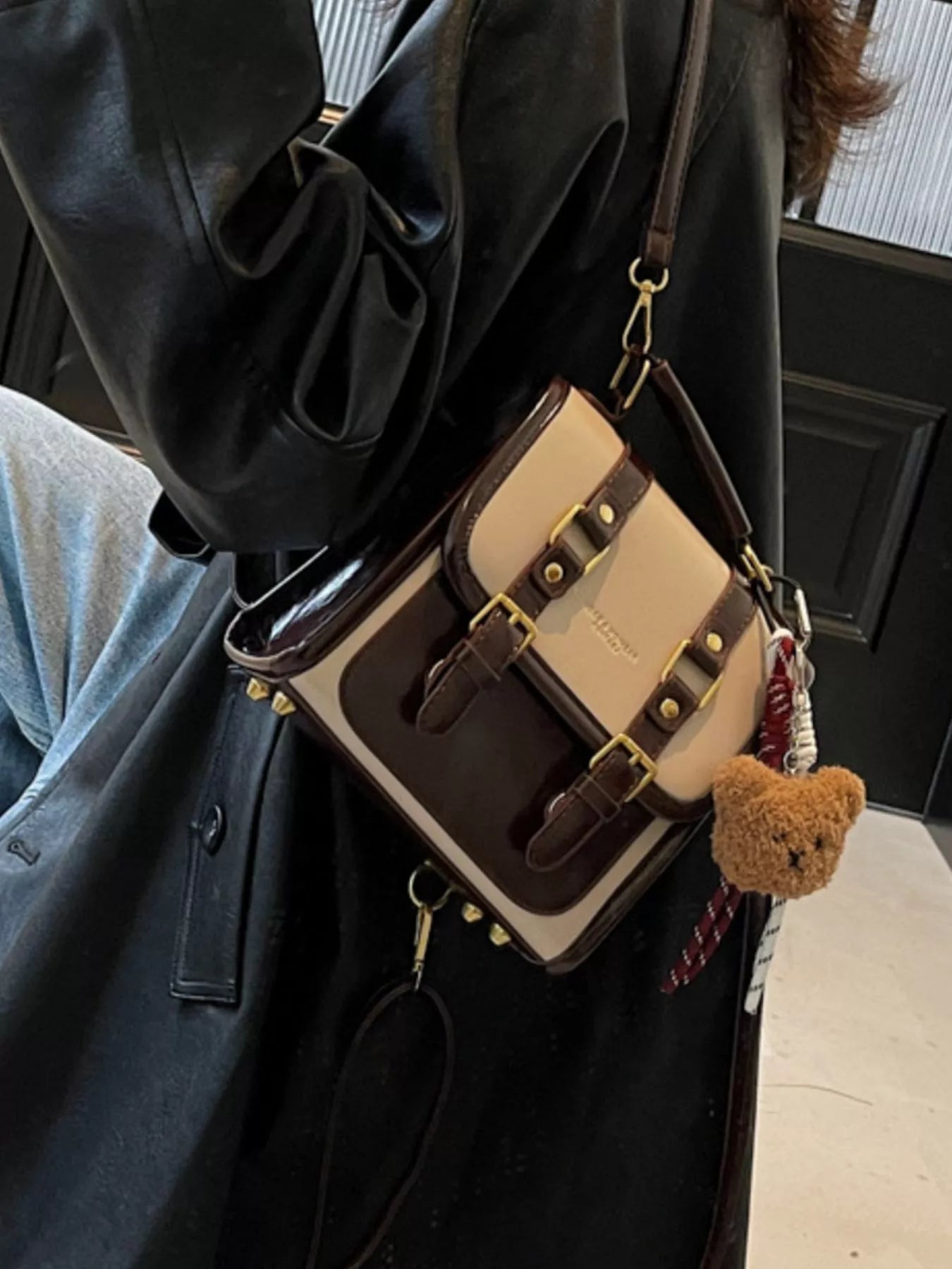 Two-Tone Brown and Beige Small Buckle Flap Backpack