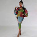 New Fashion Stitching Printing Color Contrast Long Sleeve Plus Size Dress