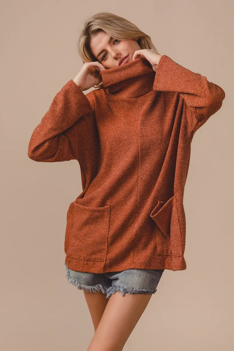 BiBi Piper Rib Double Pocket Turtle Neck Sweater
