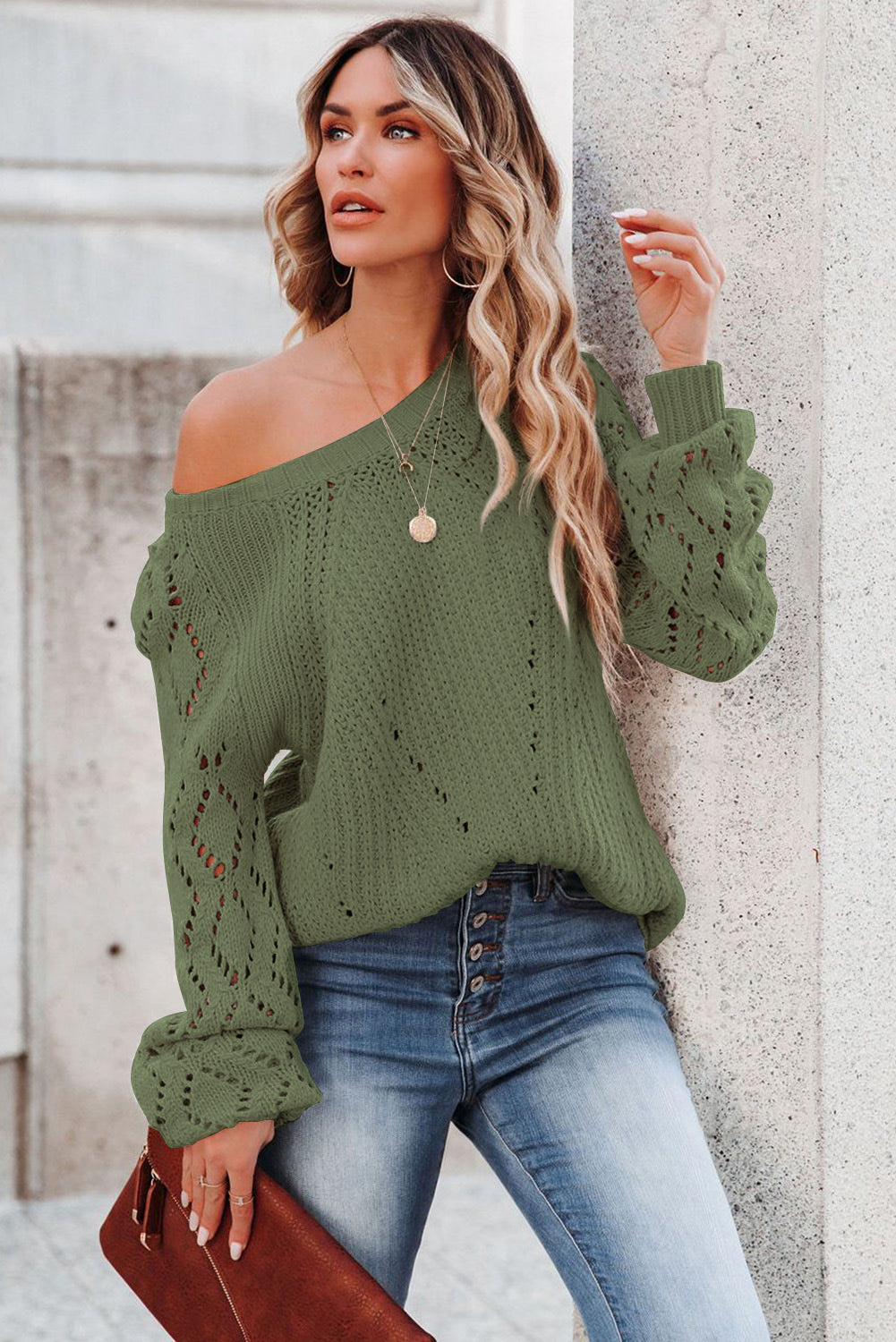Blue Hollow-out Puffy Sleeve Knit Sweater