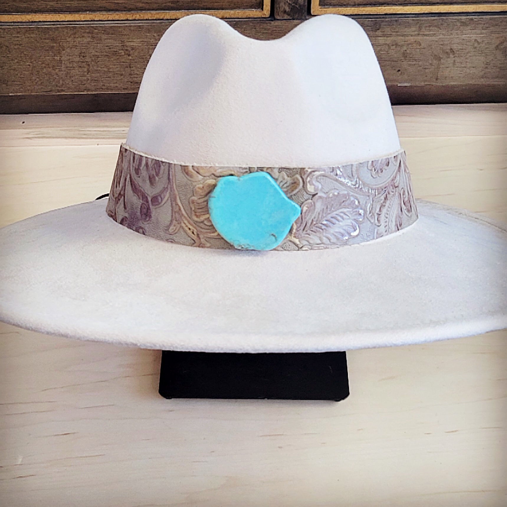 Wide Genuine Leather Gilded Cowboy Hat Band w/ Turq 953n