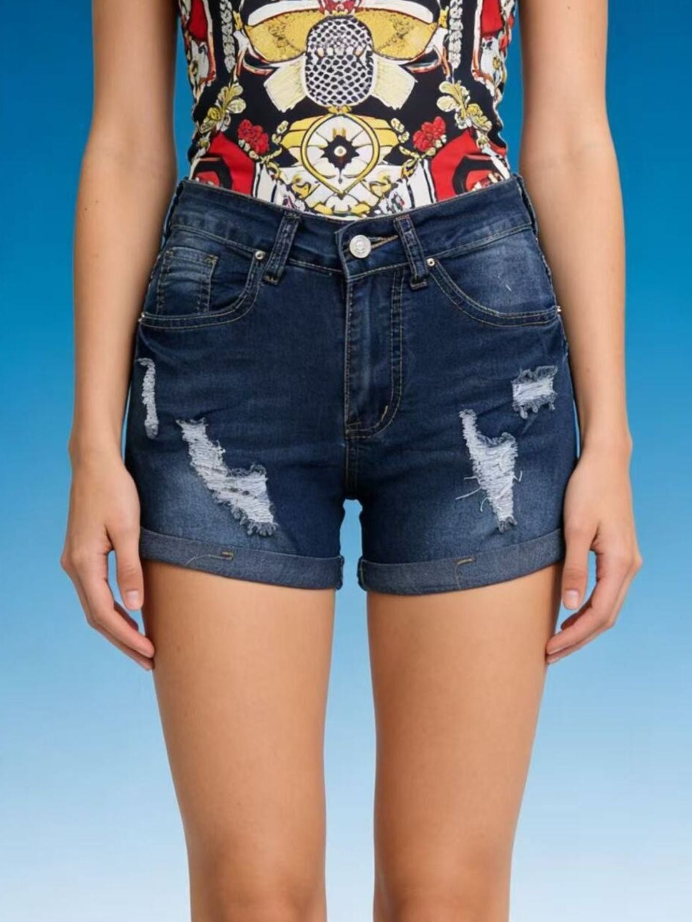 Women's Distressed Wash Denim Shorts with Cuffed Hem Details