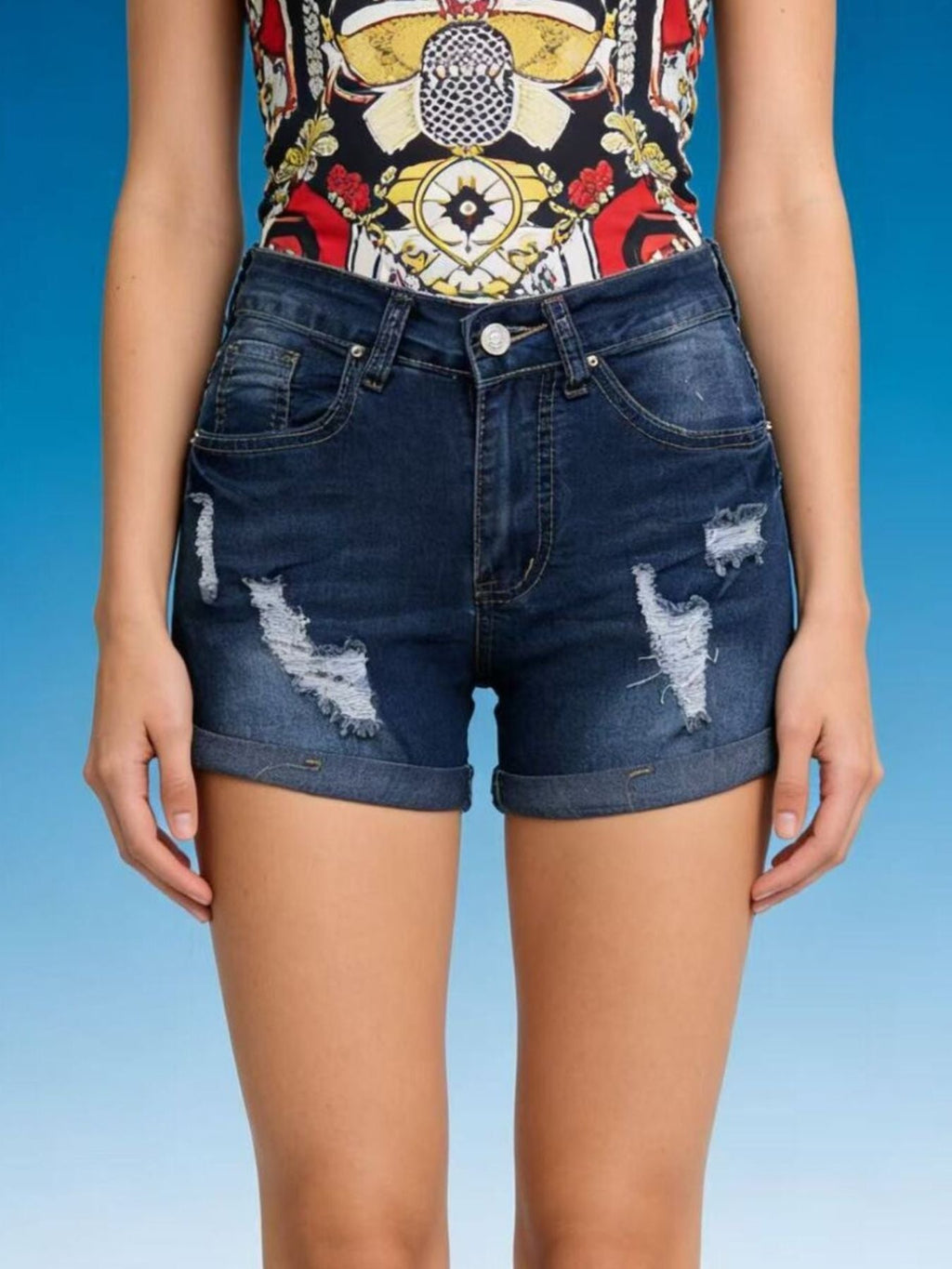 Washed Distressed Denim Shorts