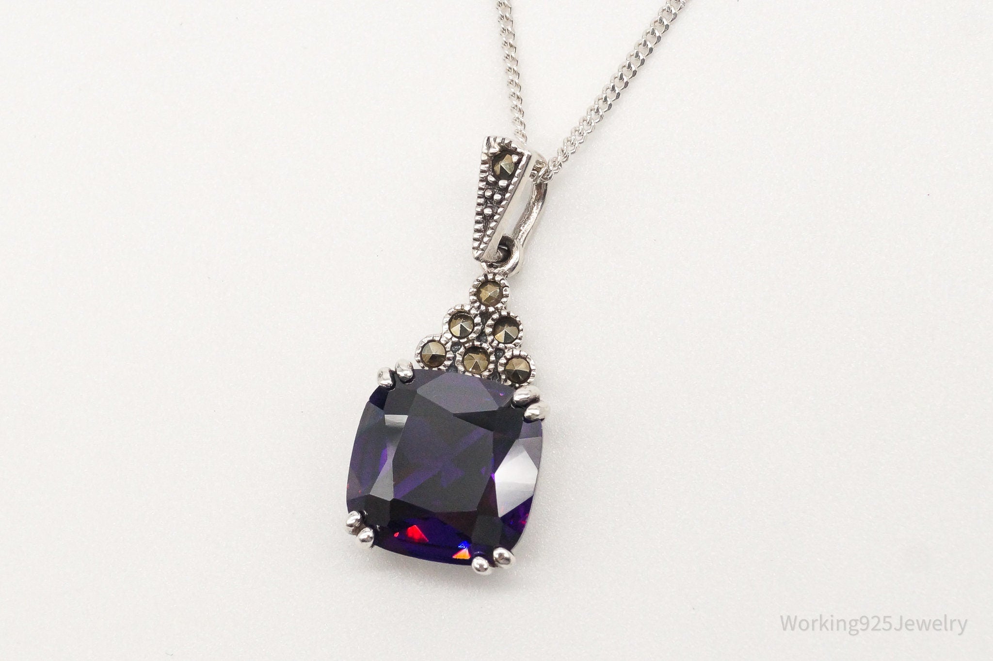 Vintage Purple Cubic Zirconia Marcasite Sterling Silver Necklace