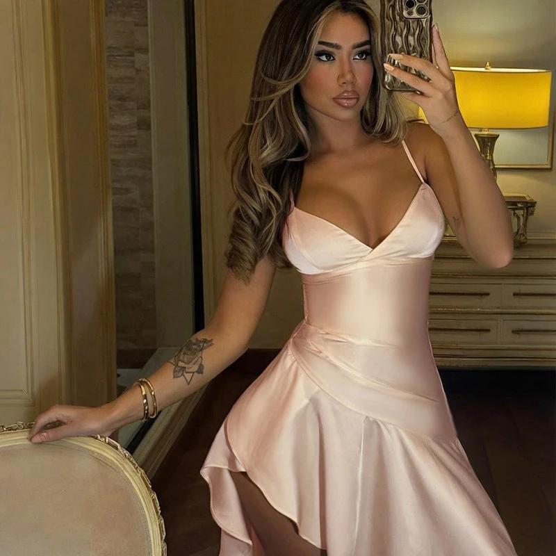 V-neck Asymmetric Ruffled Side Slit Sling Dress