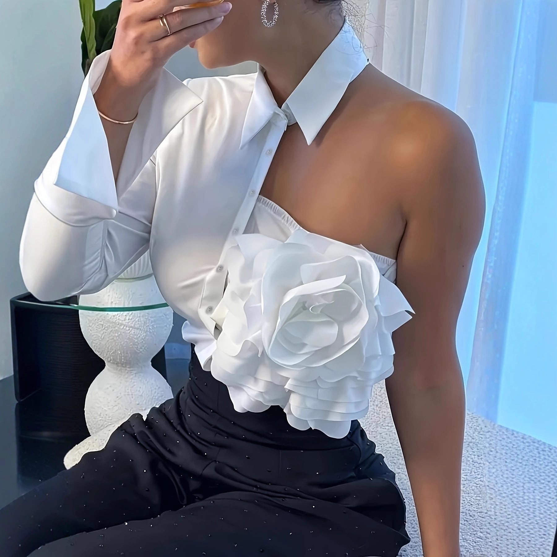 White Blouse With A One-shoulder TOP See size chart under “more details”