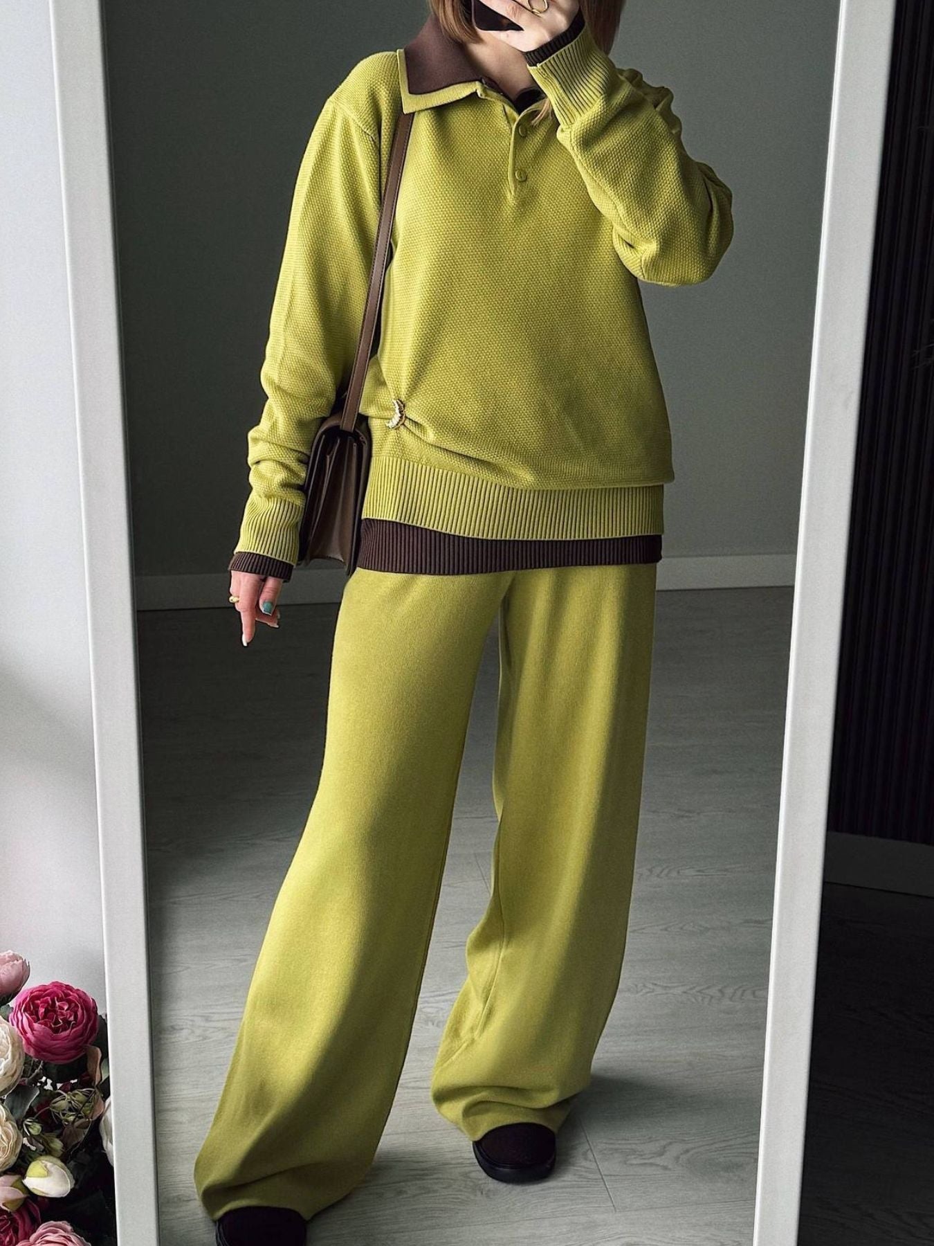 Women's Knit Polo Top and Wide Leg Pants Two-Piece Set