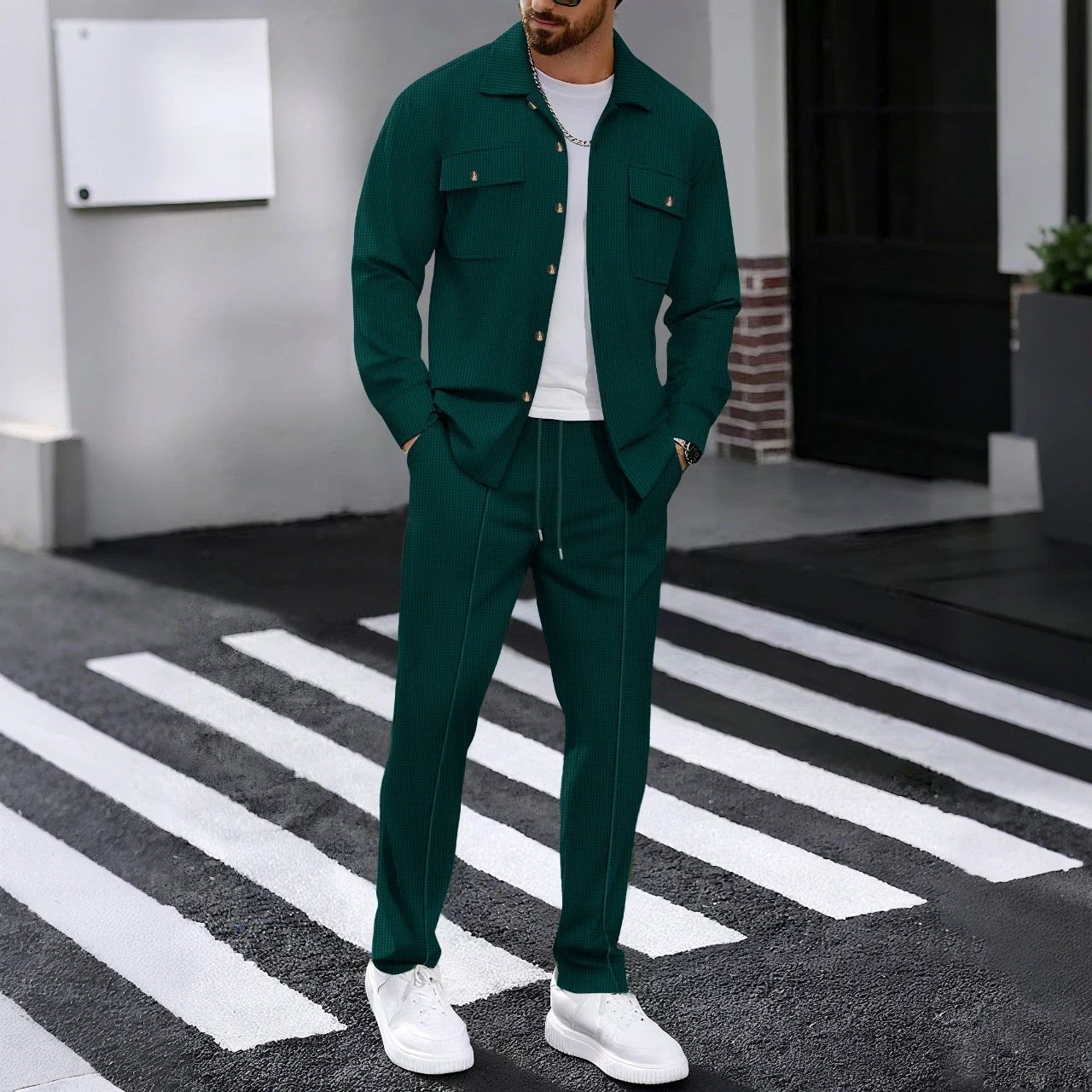 Autumn New Waffle Long-sleeved Trousers Two-piece Set Cardigan Shirt Suit