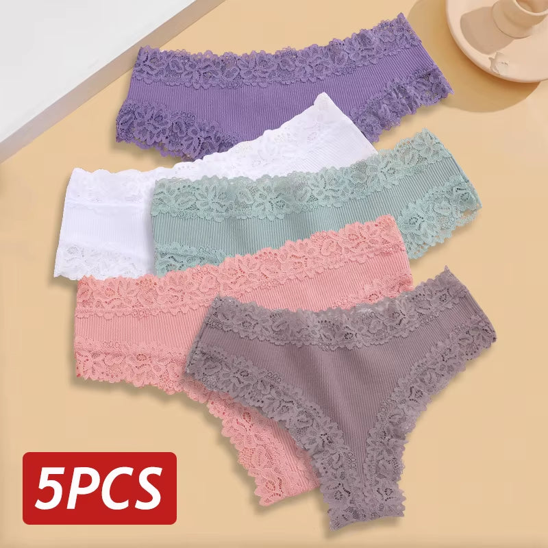 5Pcs/Set Women Lace Seamless Cotton Panties Sexy Brazilian Pants Ribbed Breathable Girls Underwear Soft plus Size Lingerie S-XL
