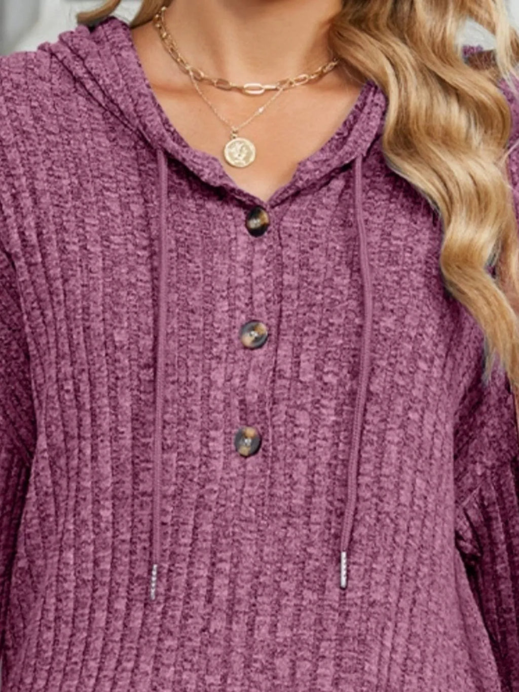 Women's Black Ribbed Knit Hoodie with Functional Button Detail