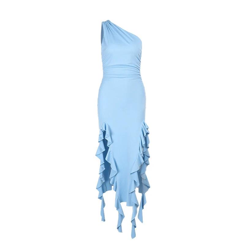 Oblique Shoulder Ruffles Split Sling Dress