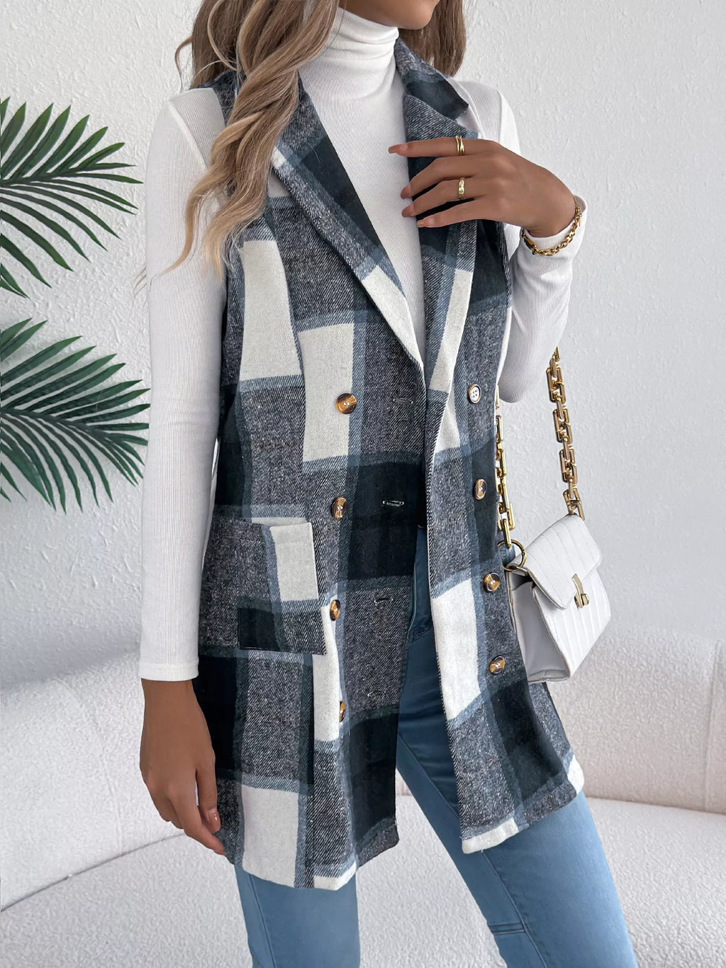 Women's Plaid Double-Breasted Vest Coat in Camel and White