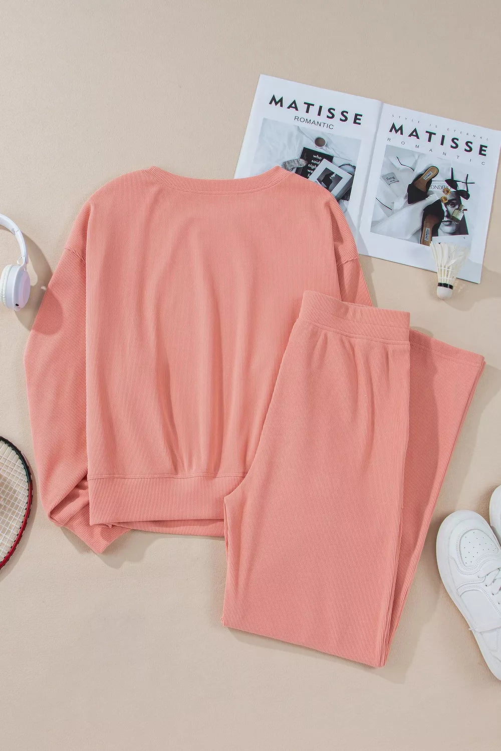 Women's Ribbed Round Neck Two-Piece Lounge Set with Pockets