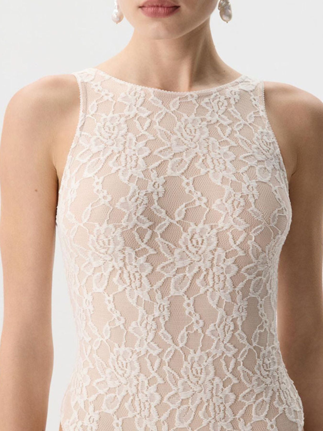 Women's Sheer Floral Lace Round Neck Tank Top in Ivory