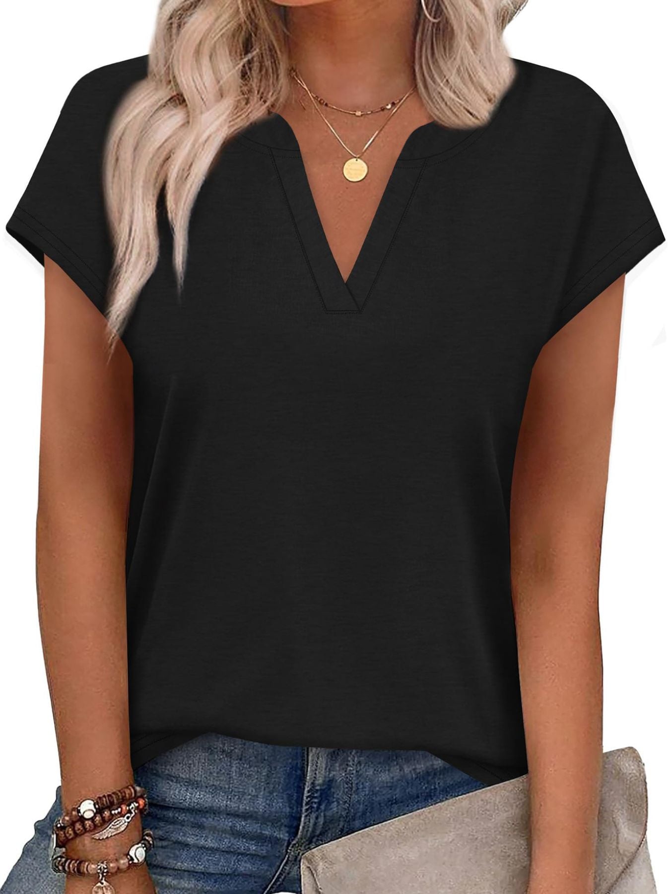 Women's Blue Notched Neck Short Sleeve Basic T-Shirt