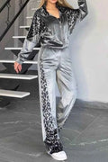 Full Size Collared Neck Leopard Zip Up Sweatsuit Plus Size