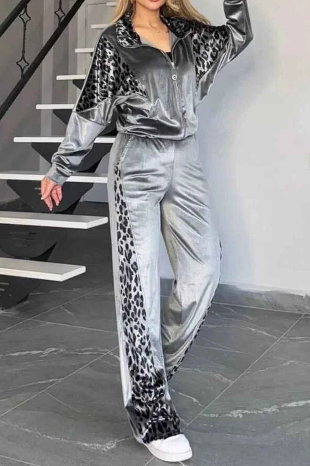 Full Size Collared Neck Leopard Zip Up Sweatsuit Plus Size