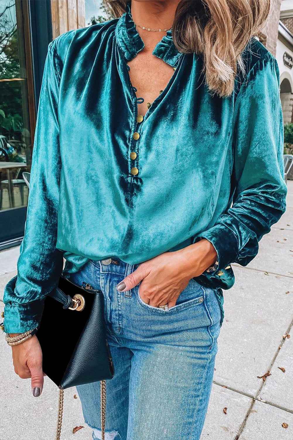 Green Frilled Neck Buttoned Front Velvet Women's Top