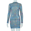 Fashion Round Neck Gauze Perspective Long Sleeve Slim Wrap Hip Dress