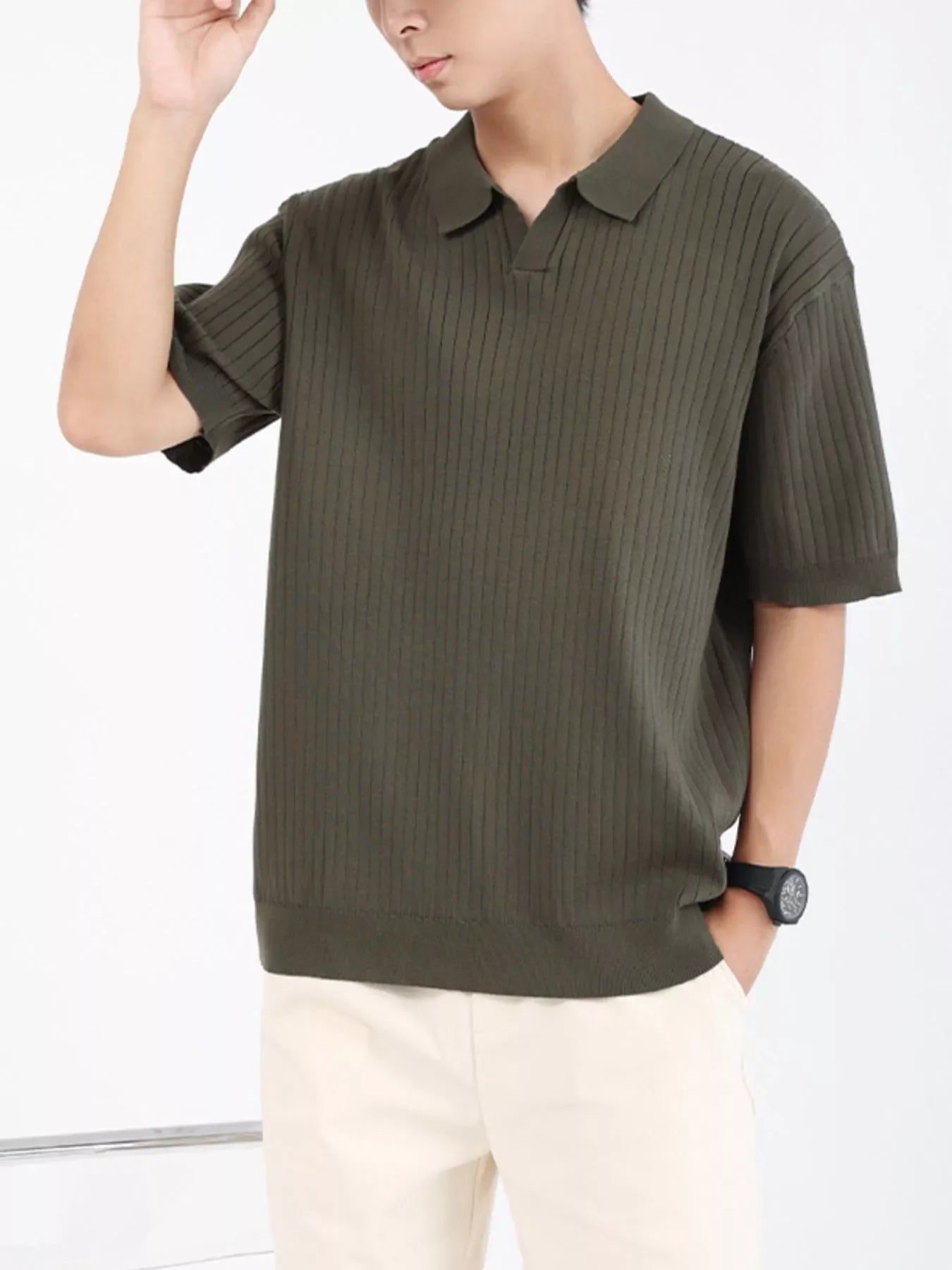 Men's Plus Size Ribbed Knit Short Sleeve Polo