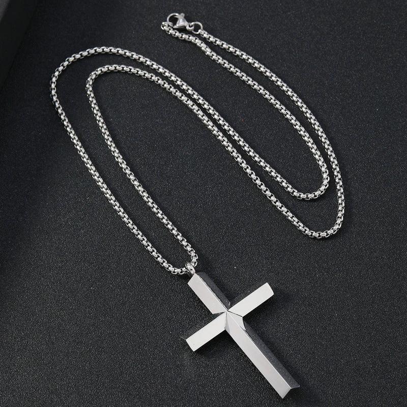 Round Large Beveled Cross Necklace Titanium Steel For Men