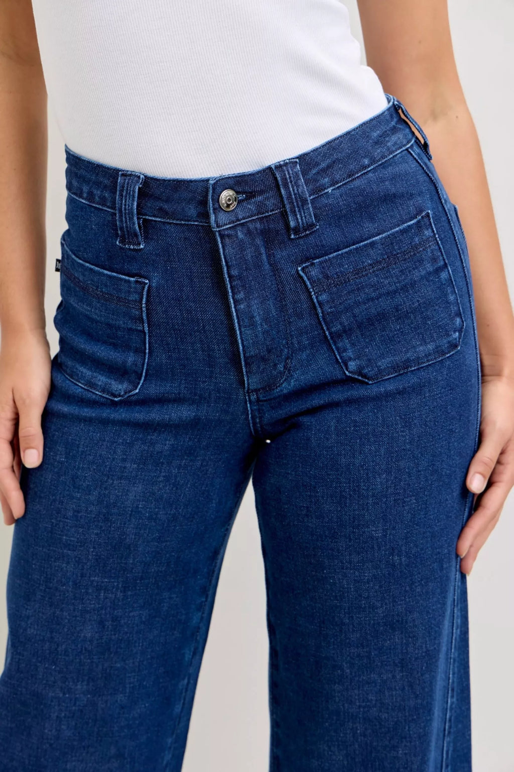 Judy Blue High Waisted Retro Wide Jeans For Women With Patch Pockets And Twisted Seams