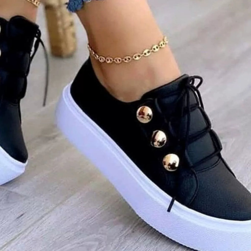 Women's Black Platform Sneakers with Gold Button Details