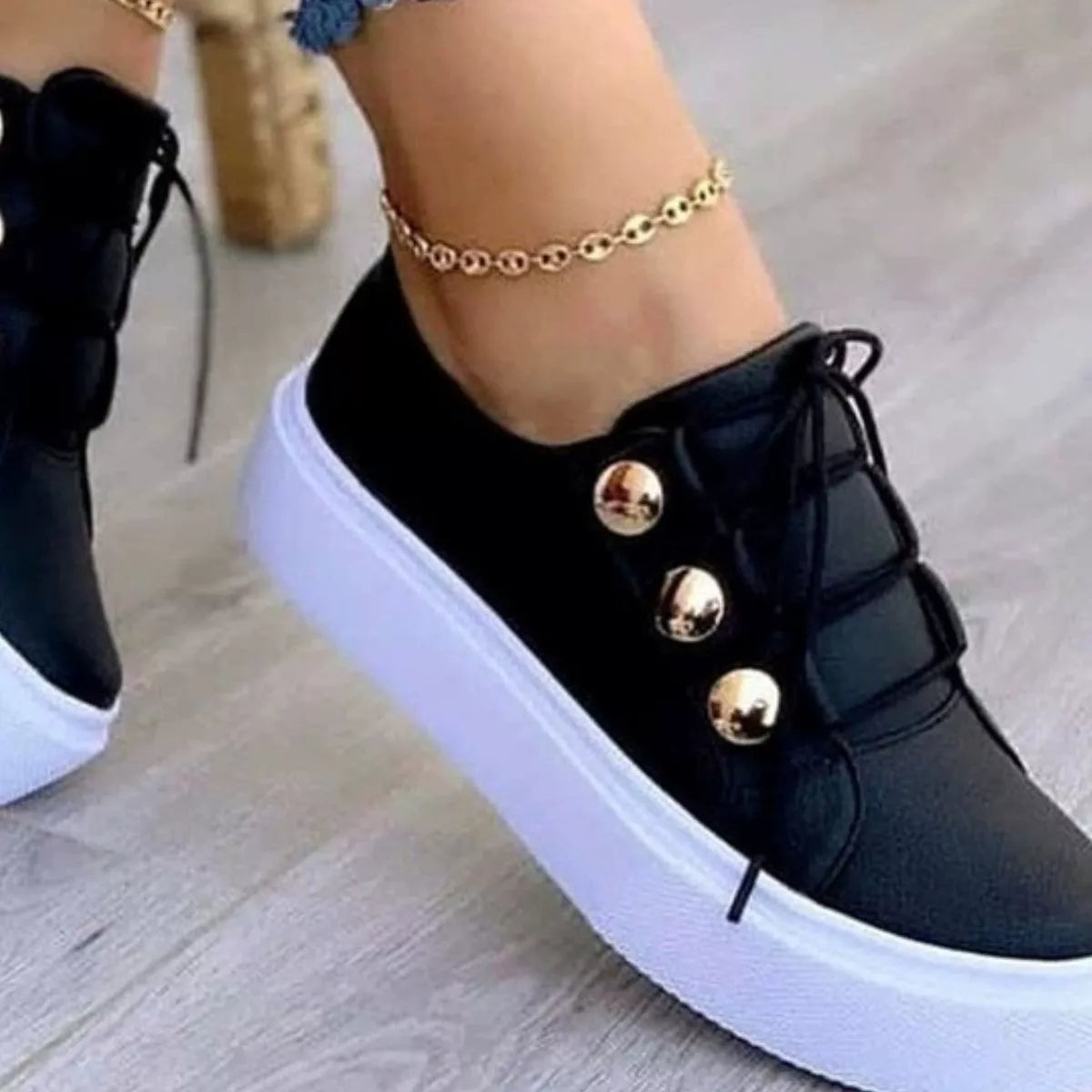 Women's Black Platform Sneakers with Gold Button Details