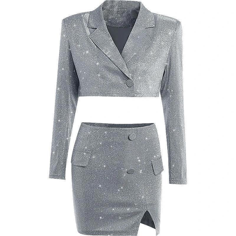 V-neck Long Sleeve Shiny Top Skirt Two-piece Suit