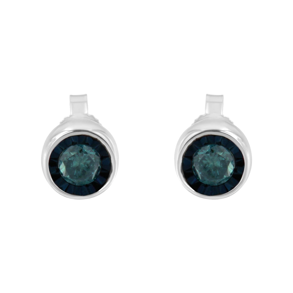 .925 Sterling Silver 0.40 Cttw Round Brilliant-Cut Blue Diamond Miracle-Set Stud Earrings (Fancy Color-Enhanced, I2-I3 Clarity)