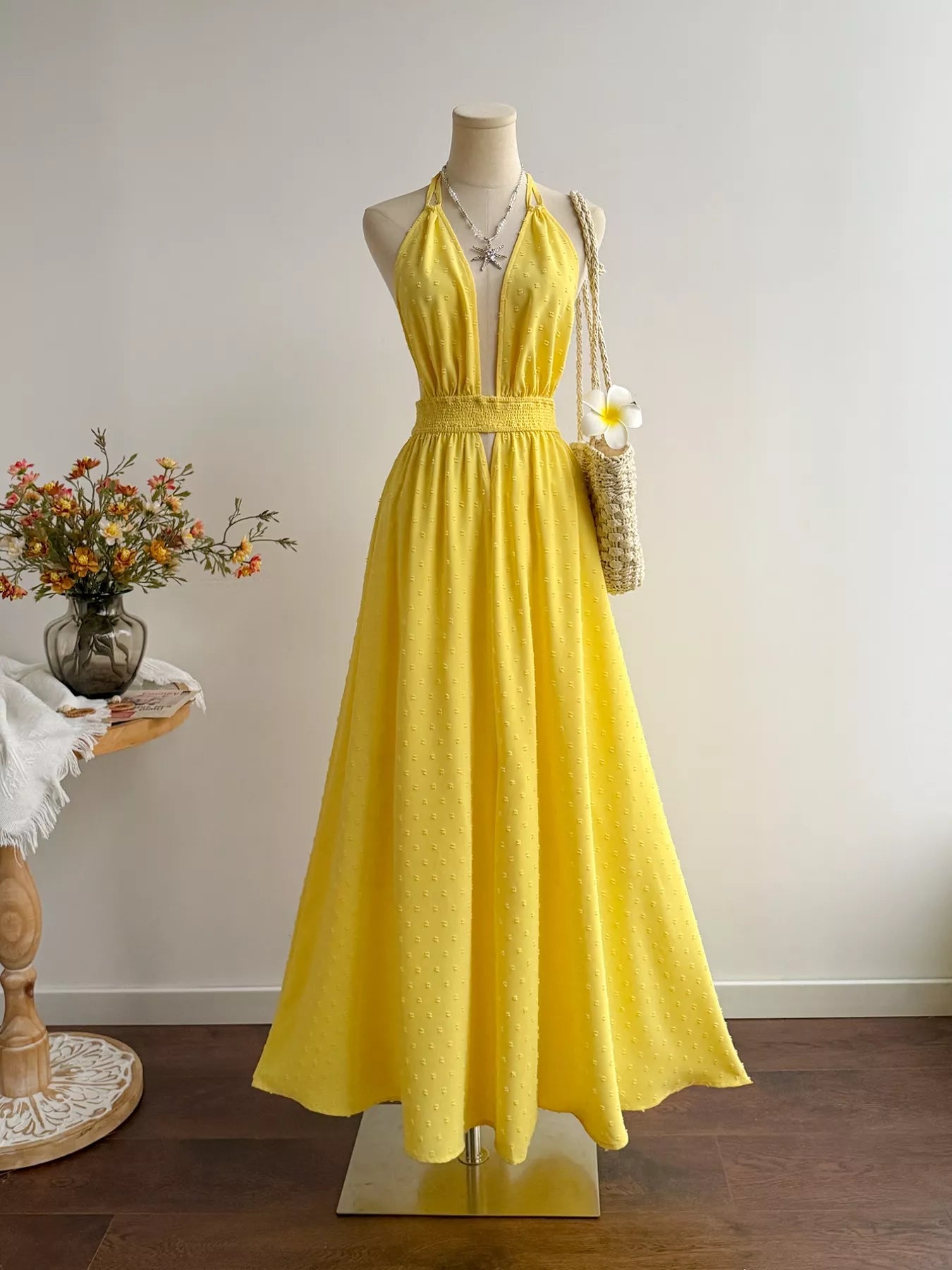 Yellow Swiss Dot Halter Neck Smocked Backless Maxi Dress