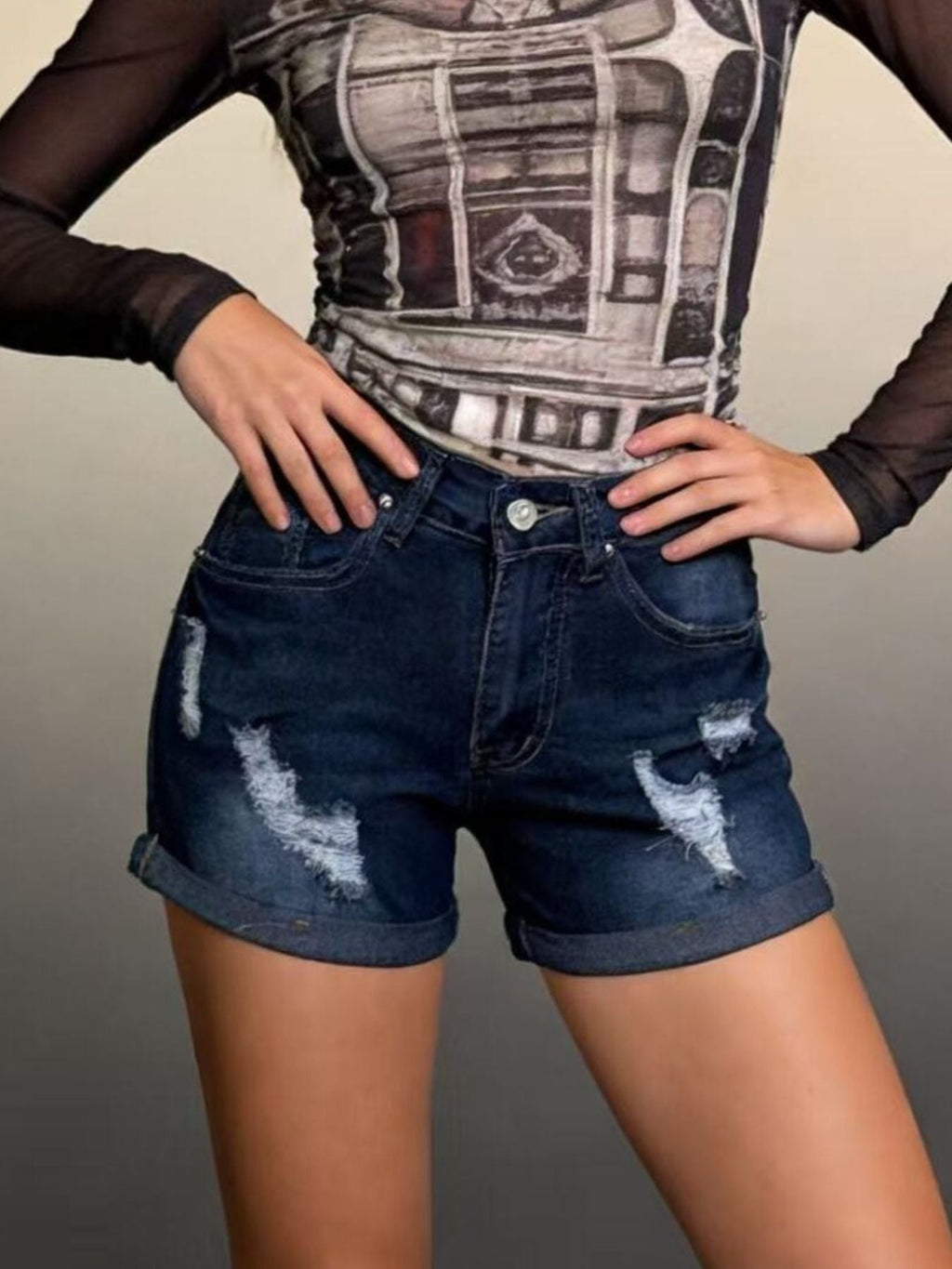 Women's Distressed Wash Denim Shorts with Cuffed Hem Details