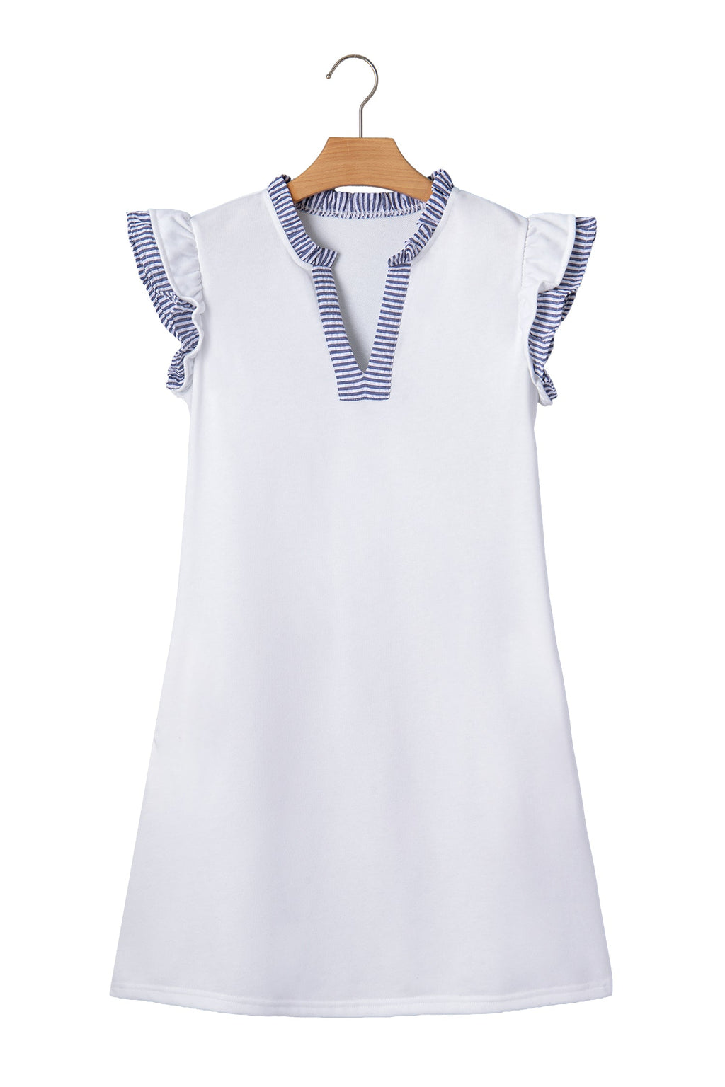 White Contrasted Striped Patchwork Split Neck Ruffle Trim Sleeveless Dress