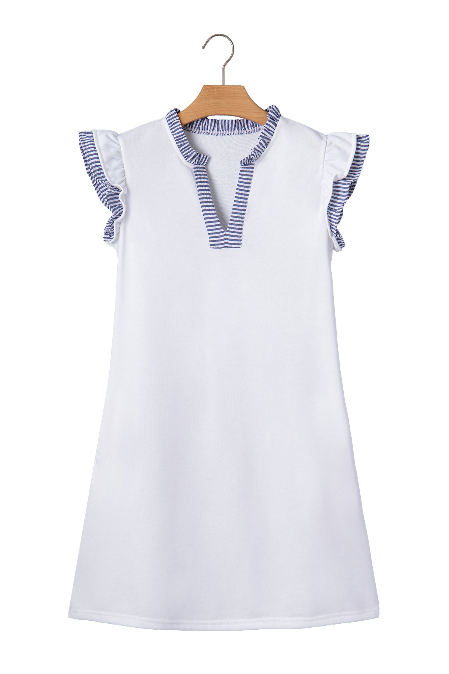 White Contrasted Striped Patchwork Split Neck Ruffle Trim Sleeveless Dress