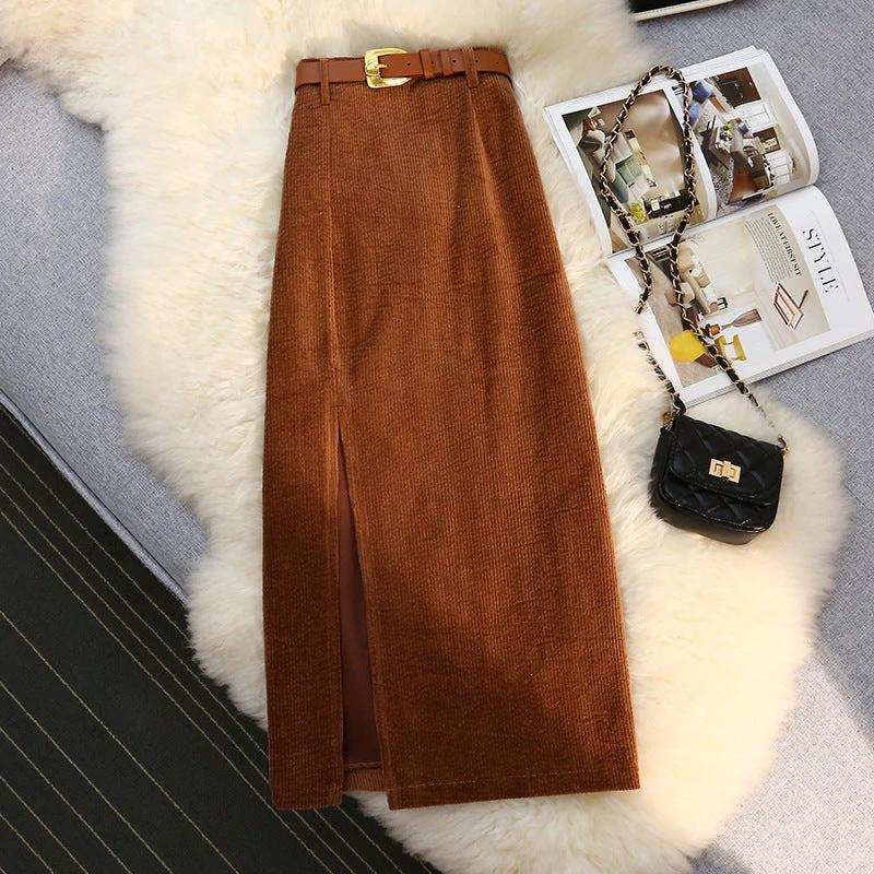 Women's Vintage Style High-Waisted Solid Color Maxi Dress With Belt Side Slit Casual Winter Dress
