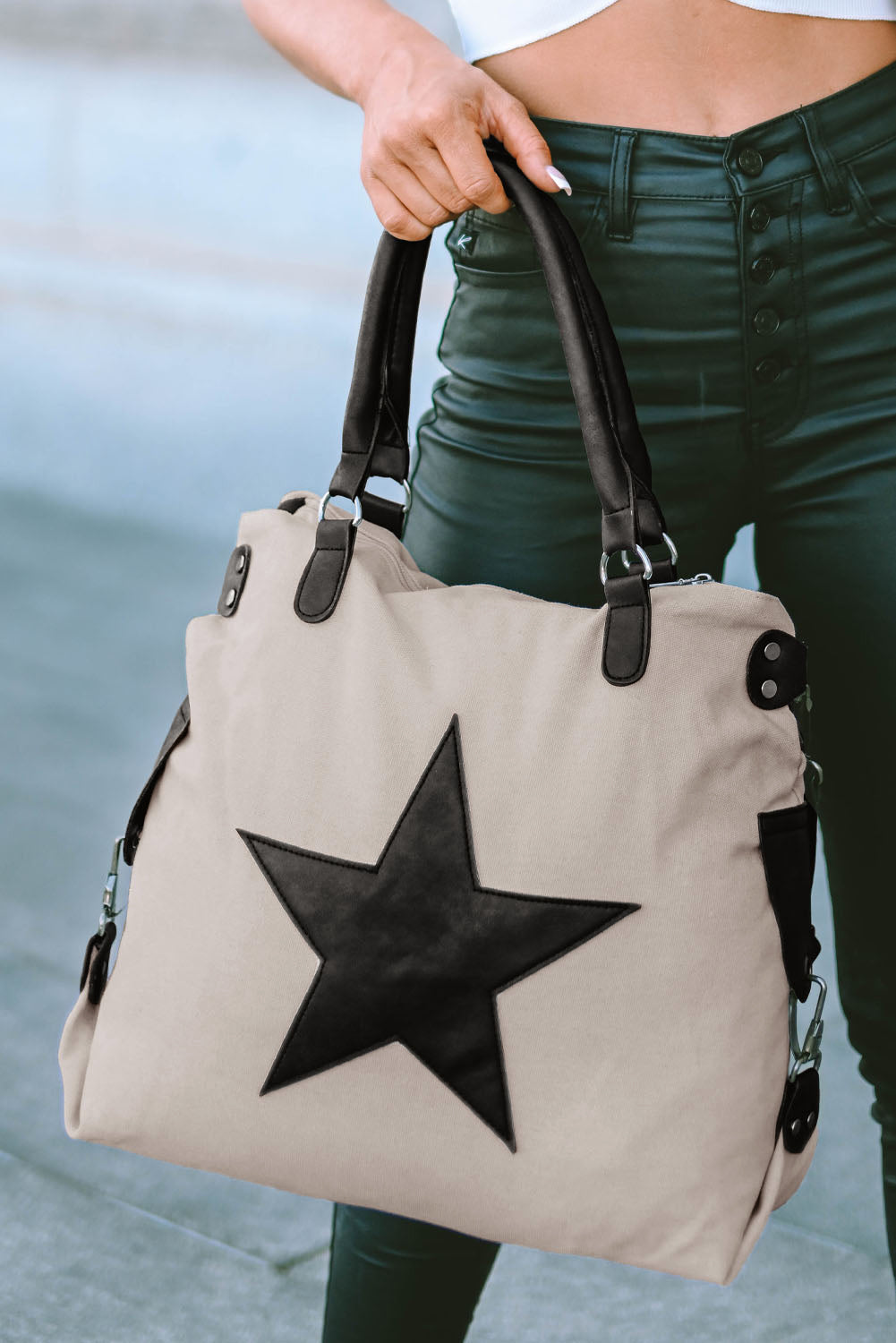 Star Patch Canvas Tote Bag – Casual Everyday Shoulder Bag in Beige