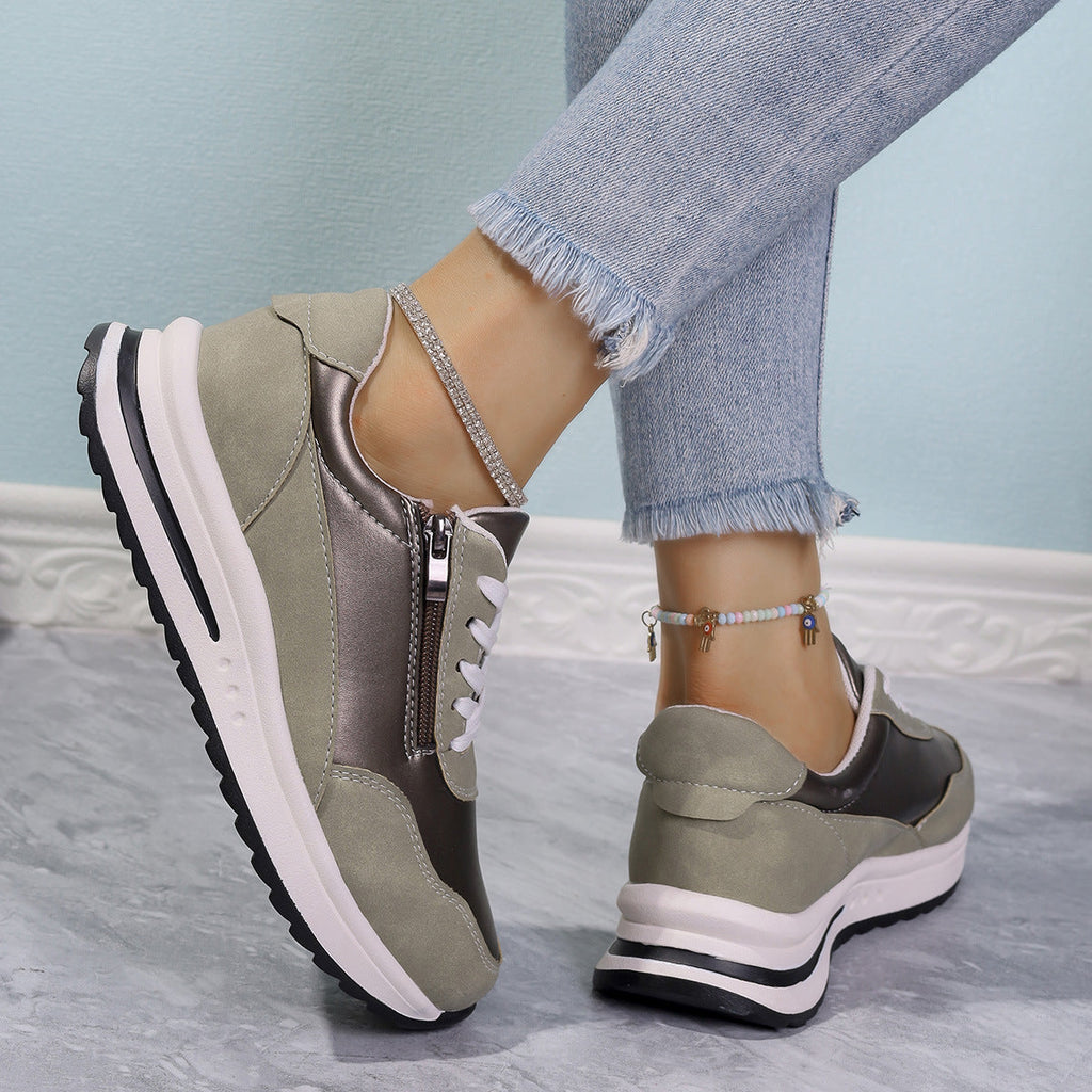Women's Zipper Detail Lace Up Sneakers Casual Low Heel Shoes